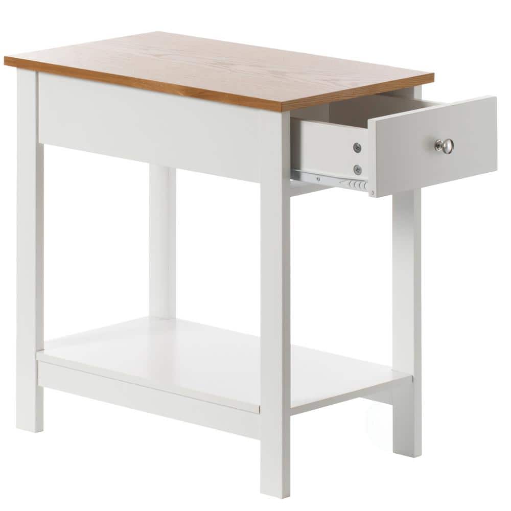 White and Light Brown Wooden Rectangular Accent Table with Drawer and Shelf