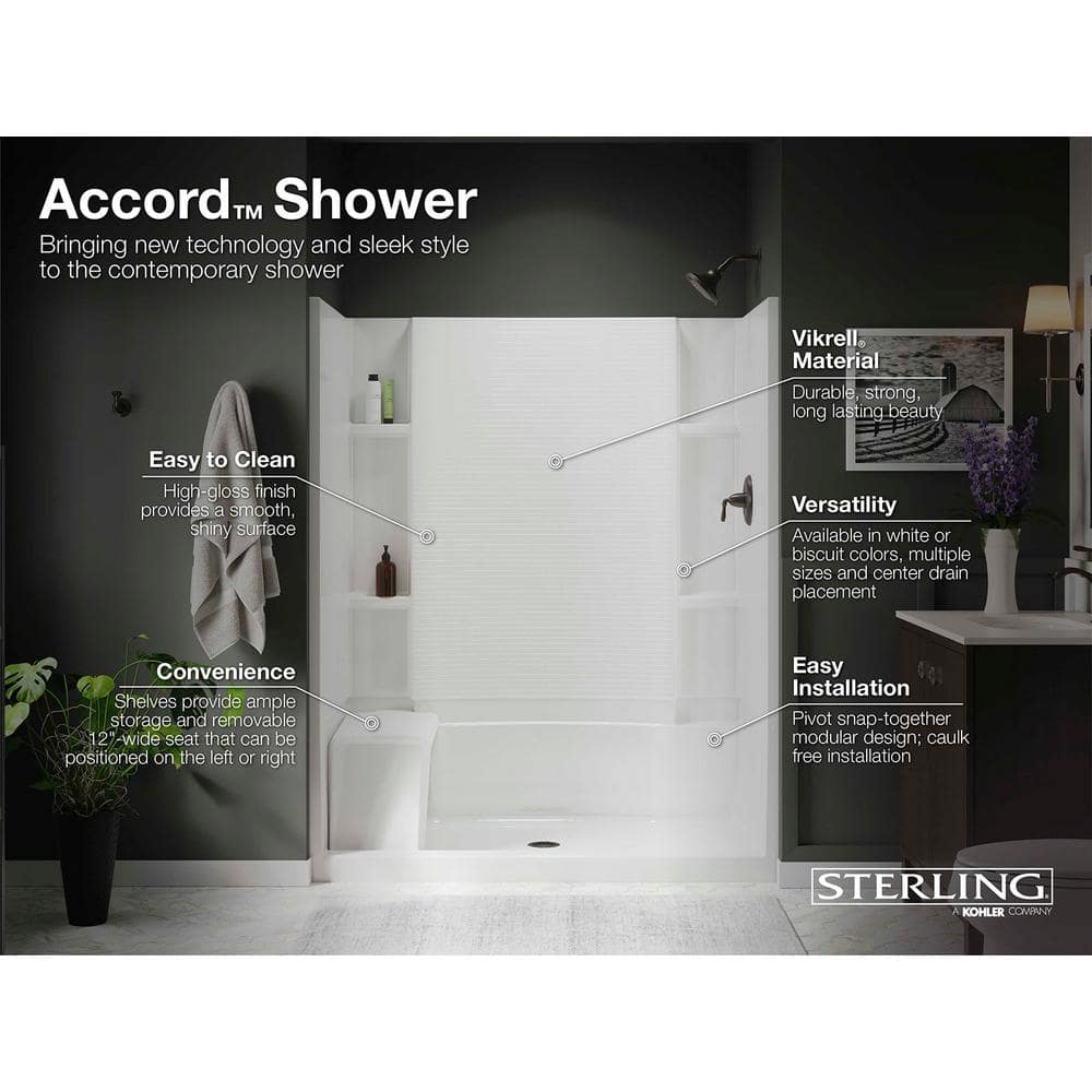 48" White Vikrell Seated Shower Base with Center Drain