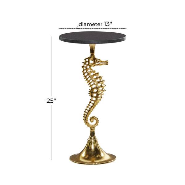 13 in. Gold Sea Horse Large Round Marble End Table with Black Marble Table Top