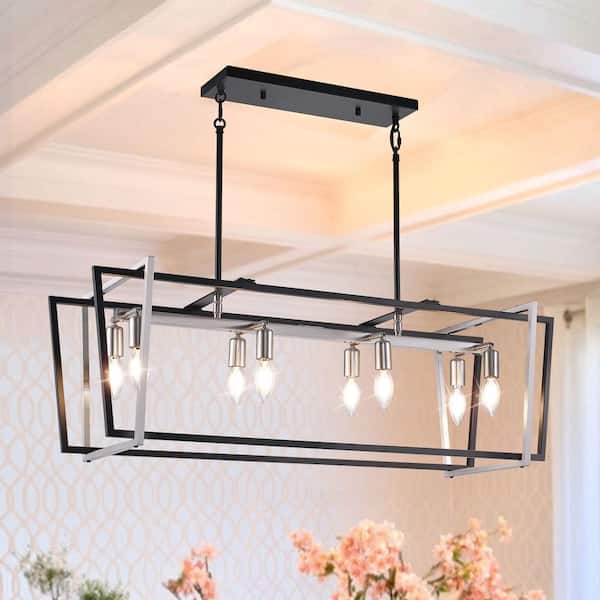 Industrial 8-Light Vintage Black and Nickel Modern Industrial Cage Chandelier Light Fixture for Dining Room or Kitchen