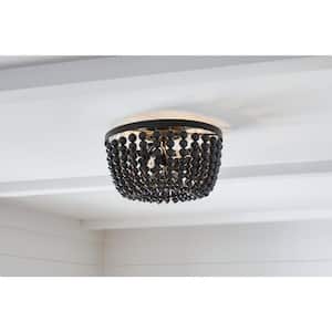 Cayman 13 in. 2-Light Black Beaded Flush Mount Ceiling Light Fixture with Black Beaded Shade