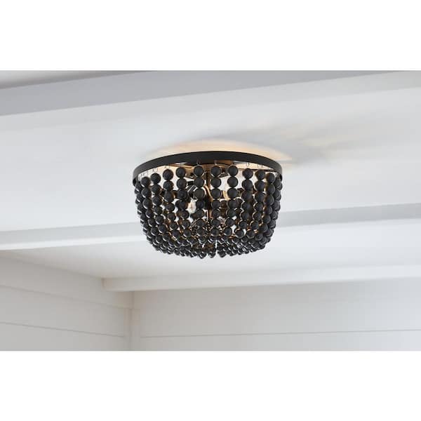 Cayman 13 in. 2-Light Black Beaded Flush Mount Ceiling Light Fixture with Black Beaded Shade