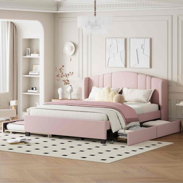 Pink Wood Frame Queen Size Platform Bed with Wingback Headboard, Twin Trundle and (2-Drawers)
