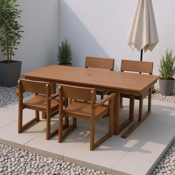 5-Piece Brown HDPE Wood Outdoor Dining Set with Umbrella Hole and 4 Armrest Chairs