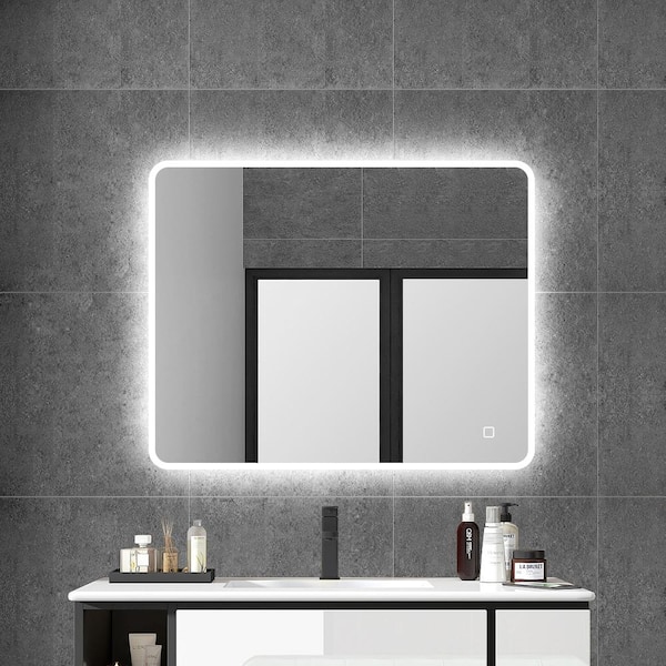 ANGELES HOME 36 in. W x 28 in. H Rectangular Frameless Wall-Mount Anti-Fog LED Bathroom Vanity Mirror with Light in Silver,Bluetooth