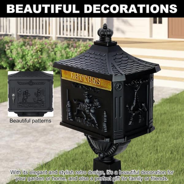 Tatayosi Black Cast Aluminum Mail Box, Outdoor Patio Garden Decor