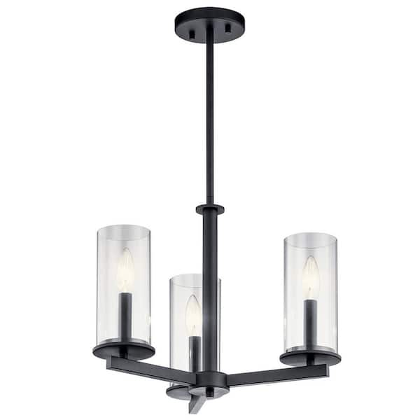 KICHLER Crosby 18 in. 3-Light Black Contemporary Candlestick Cylinder Convertible Chandelier for Dining Room