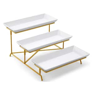 14 in. Porcelain 3-Tier Rectangular Serving Tray Set with Collapsible Sturdier Stand and Cross Bars, Gold and White