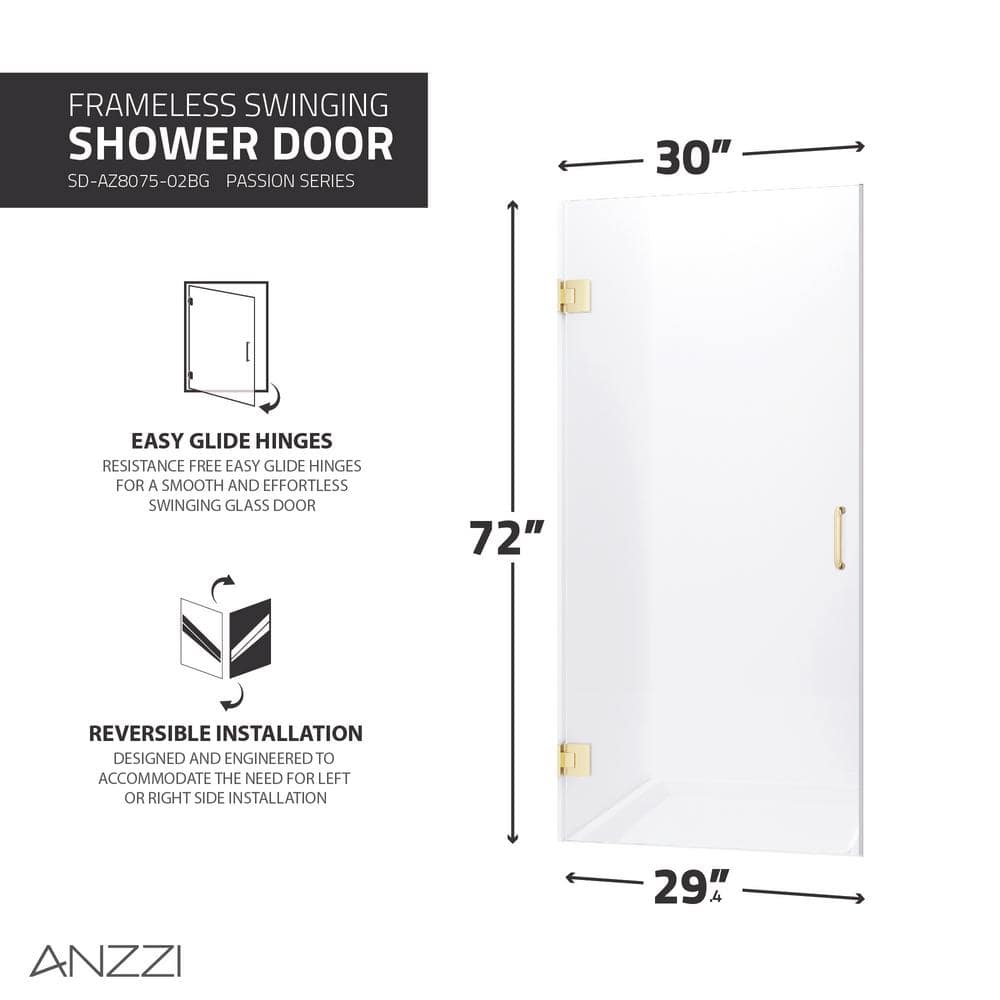30" x 72" Frameless Brushed Gold Shower Door