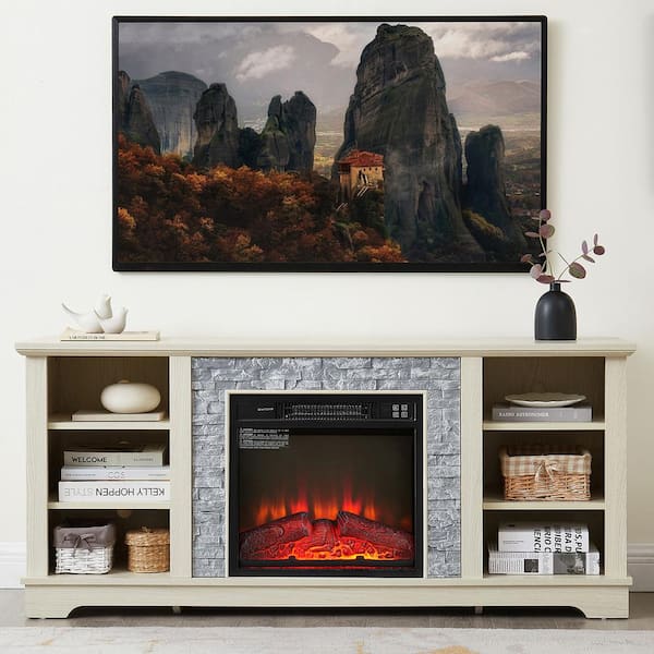 ToolCat 65 in. Freestanding TV Stand Media Console Table with 23 in. Fireplace Insert, for TV up to 70 in., White