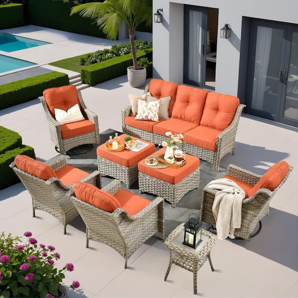 HOOOWOOO Cherry 8-Piece Wicker Outdoor Furniture Patio Conversation Sofa Seating Set with Swivel Chairs and Red Cushions