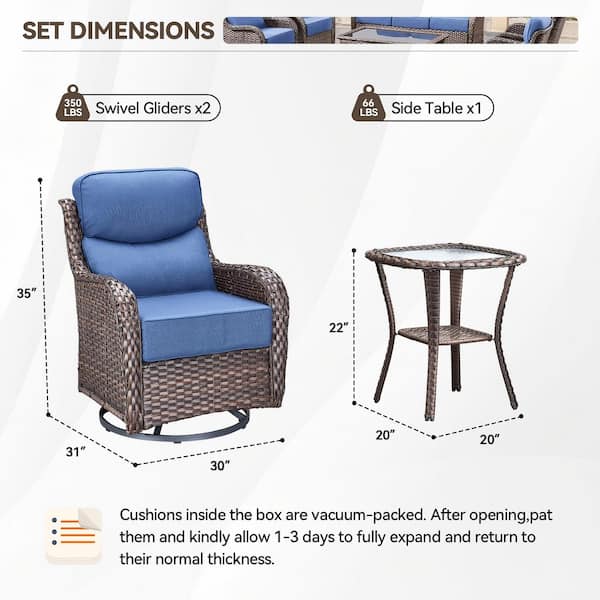 MoonLuxe Brown Swivel Glider Wicker Patio Conversation Set with Blue Olefin 6 in. Thick Cushions/Side Table (3-Piece)