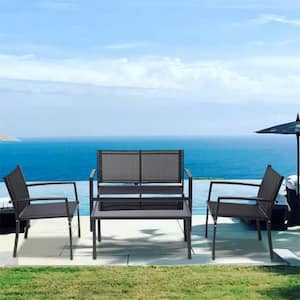 4-Piece Metal Patio Conversation Set with 1 Loveseat, 2 Poolside Lawn Chairs and 1 Glass Coffee Table, Black