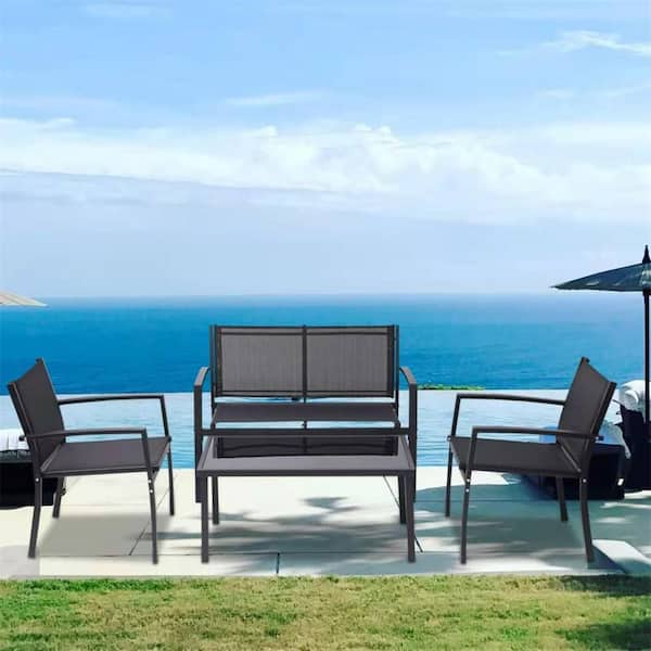 Afoxsos 4-Piece Metal Patio Conversation Set with 1 Loveseat, 2 Poolside Lawn Chairs and 1 Glass Coffee Table, Black