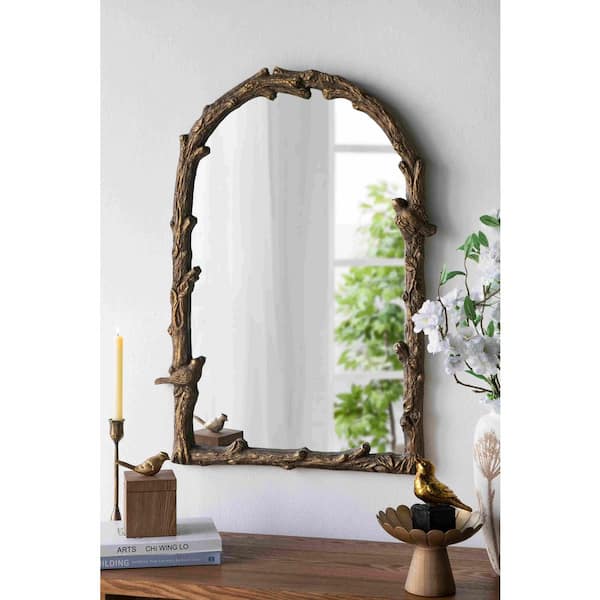Avex Brown 24 in. W x 34 in. H Art Deco Arch Wooden Framed Mirror with Gold Botanical and Bird Motifs