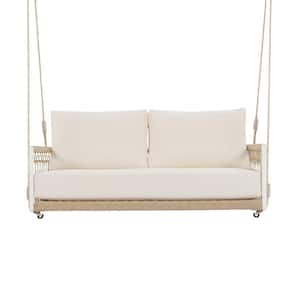 Modern 2-Person Metal Outdoor Porch Swing with Woven Rope, Sturdy & Durable in Waterproof & UV-Resistant Beige Cushions