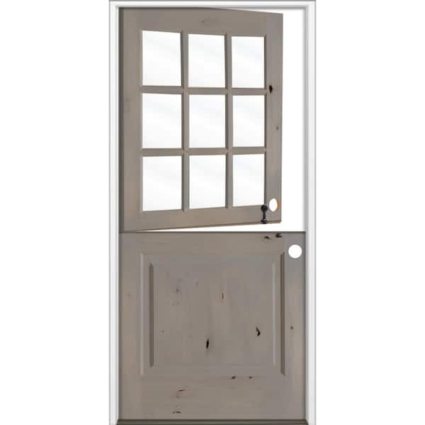 Krosswood Doors 36 in. x 80 in. Farmhouse Knotty Alder Left-Hand/Inswing 9 Lite Clear Glass Grey Stain Dutch Wood Prehung Front Door