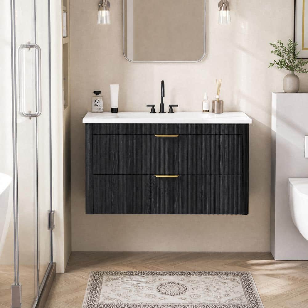 "36"" Wall Mounted Bathroom Vanity with Ceramic Sink, Waterproof Curved Panels, Spacious Drawers, Black" price history on PriceWatchPro