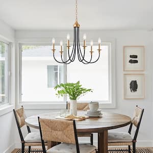 6-Light Black and Gold Mid-Century Candlestick Linear Chandelier Lighting for Kitchen Island with No Bulbs Included