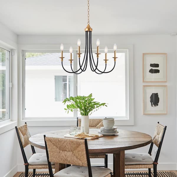 6-Light Black and Gold Mid-Century Candlestick Linear Chandelier Lighting for Kitchen Island with No Bulbs Included