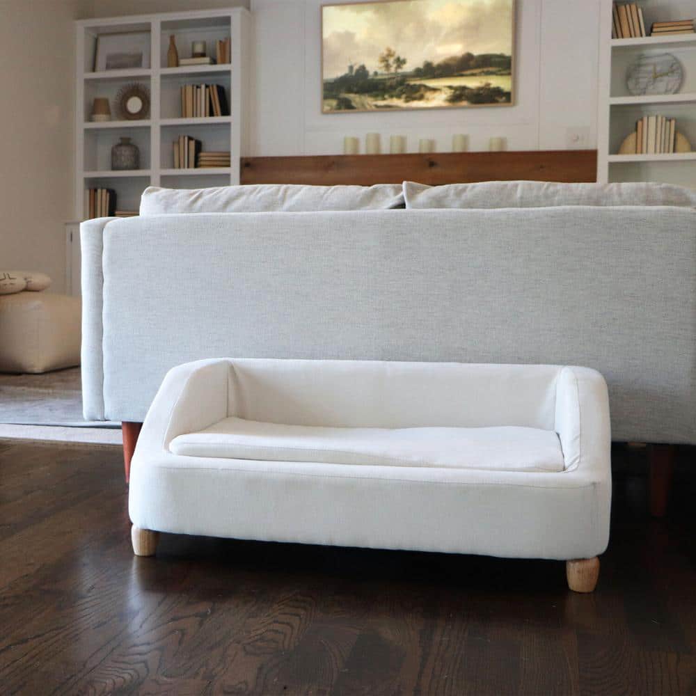 Cream Microfiber Elevated Rectangular Dog Sofa for Medium Dogs
