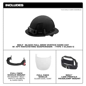 BOLT Black Type 1 Class C Full Brim Vented Hard Hat w/4 Point Ratcheting Suspension w/Full Face Shield