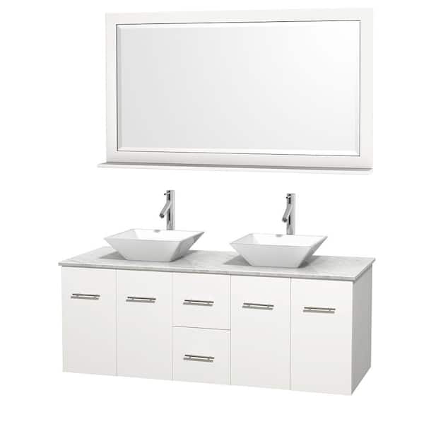 Wyndham Collection Centra 60 in. Double Vanity in White with Marble Vanity Top in Carrara White, Porcelain Sinks and 58 in. Mirror