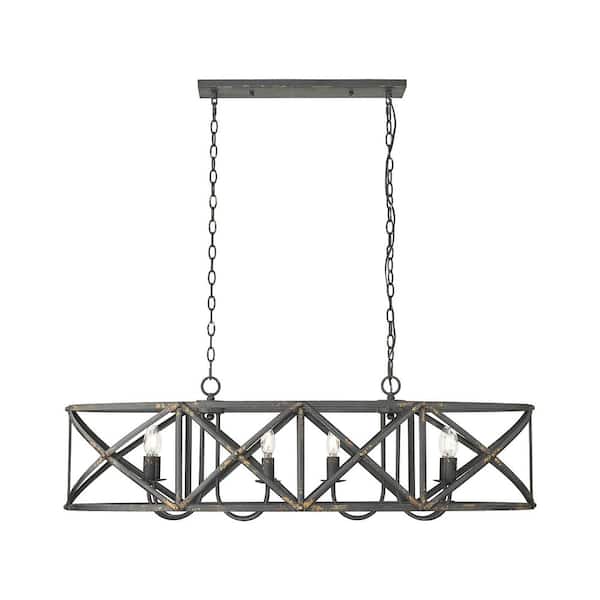 Alcott 480-Watt 8 Light Antique Black Iron Linear Pendant Light with No Shade, No Bulbs Included
