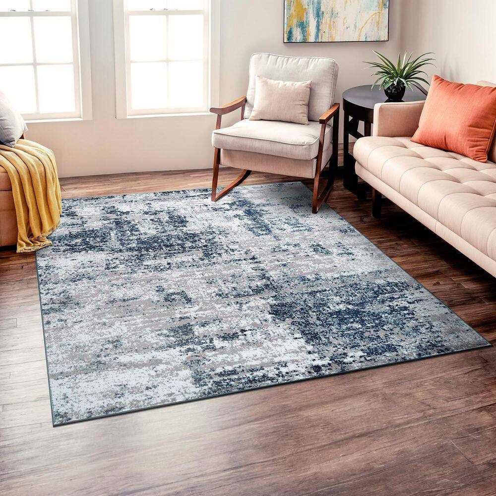 Distressed Blue and Gray Square Abstract Synthetic Area Rug