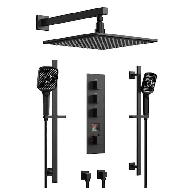 7-Spray Square 12 in. Shower Head and Dual Handheld Equipped with Adjustable Slide Bar in Matte Black