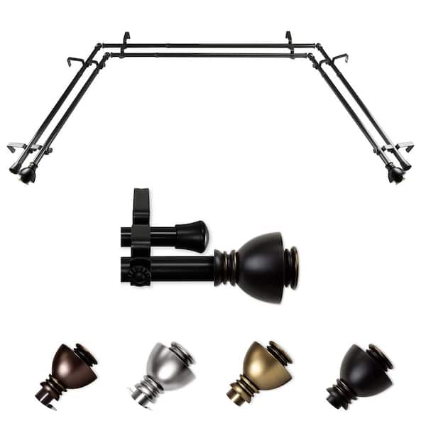 EMOH 13/16" Dia Adjustable 20"-36", 38"-72" Bay Window Double Curtain Rod with Friedman Finials in Black