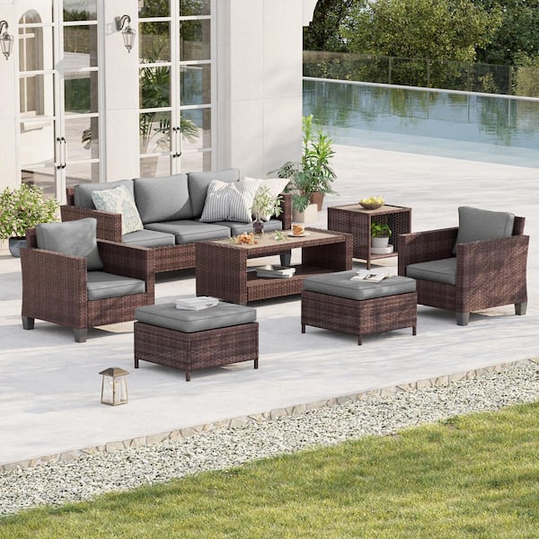 7-Piece Patio Conversation Set Brown Wicker Outdoor Furniture Set Three-Seat Sofa Thickening Cushions, Gray
