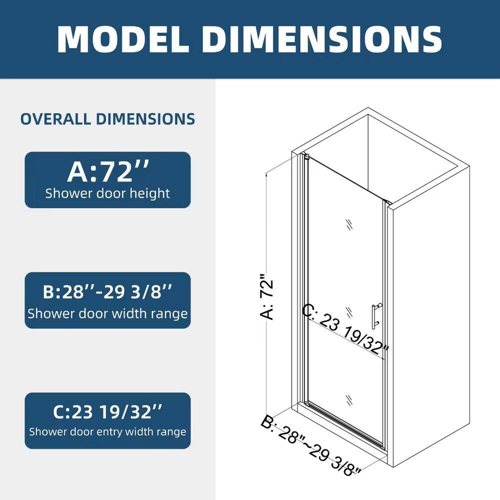 Matte Black Frameless Pivot Shower Door with Clear Glass, 28-29.4 in. W x 72 in. H
