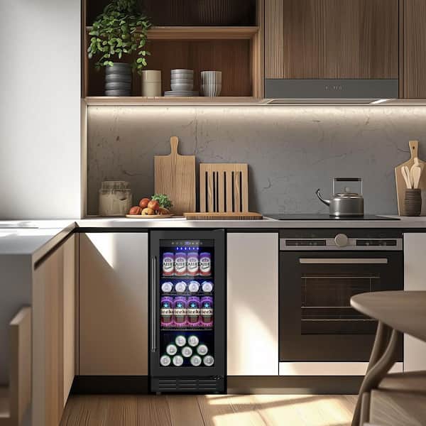 15 in. Single Zone Built-in/Freestanding 120-Cans Beverage Cooler in Black with Childproof Lock and Adjustable Shelves
