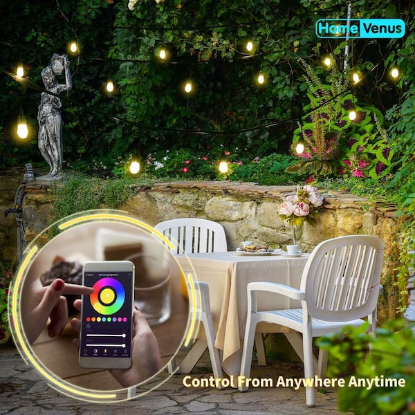 HBN Smart Outdoor Patio Lights RGB Color & White LED Lights Smart String Light-24ft, 12 Round Bulbs, 2.4 GHz Only, Works with Alexa/Google Assistant