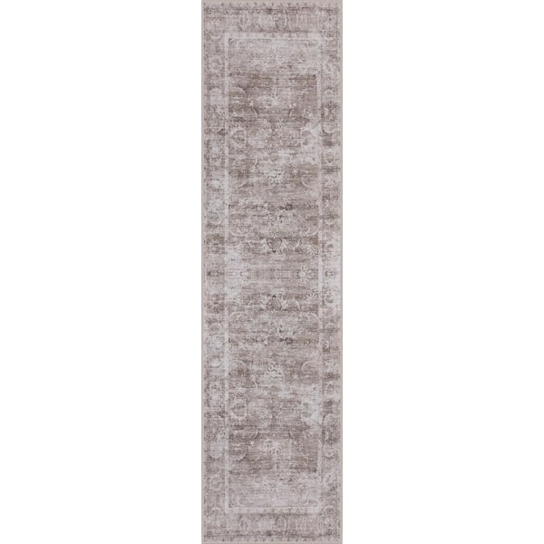 Arabella Vintage Floral Border Machine-Washable Beige/Cream 2 ft. x 8 ft. Runner Rug