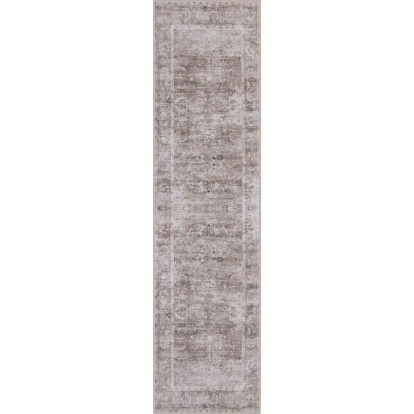 Arabella Vintage Floral Border Machine-Washable Beige/Cream 2 ft. x 8 ft. Runner Rug