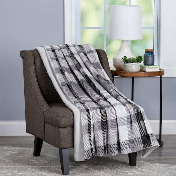 Oversized Faux Fur Phantom Grey Plaid Flannel Hypoallergenic Throw Blanket
