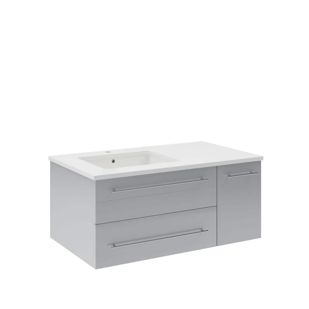 Gray Solid Wood and MDF Wall Mount Vanity with Quartz Stone Top