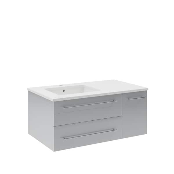 Fresca Lucera 36 in. Single Sink Wall Mount Gray Bath Vanity with White Quartz Top and Undermount Sink - Left Version