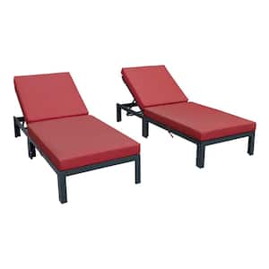Chelsea Modern Black Aluminum Outdoor Patio Chaise Lounge Chair with Red Cushions (Set of 2)