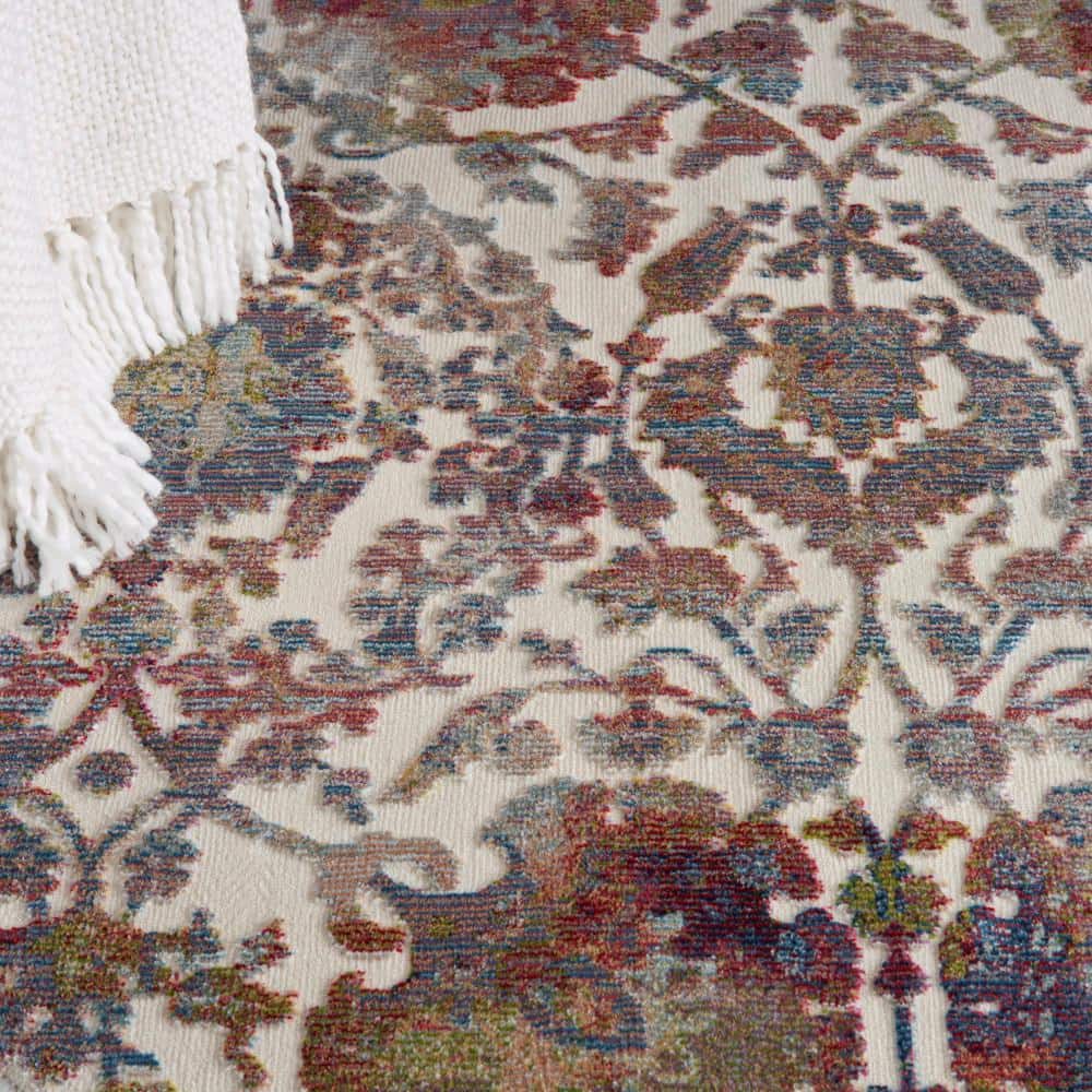 Handmade Round White Multicolor Floral Synthetic Area Rug