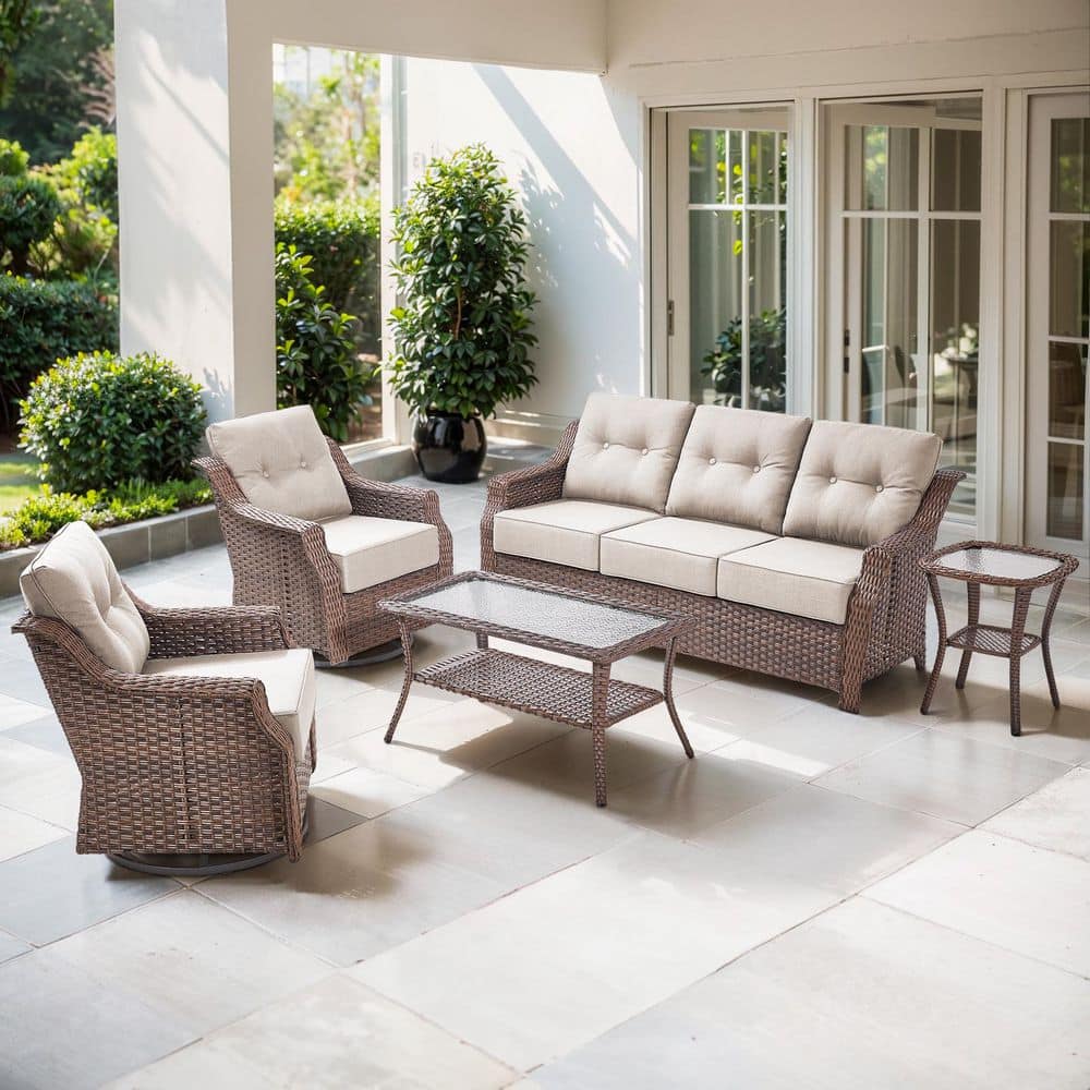 Artisan Brown 5-Piece Wicker Patio Conversation Set with 3-Seat Sofa, Swivel Rockers, and Olefin Beige Cushions price history on PriceWatchPro
