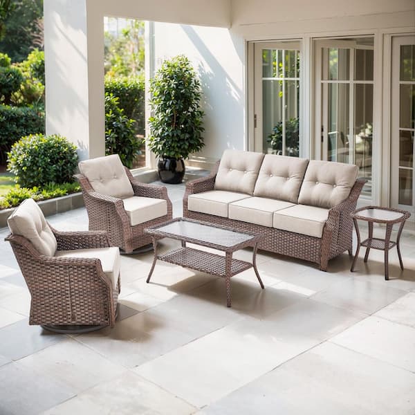 Artisan Brown 5-Piece Wicker Patio Conversation Set with 3-Seat Sofa, Swivel Rockers, and Olefin Beige Cushions