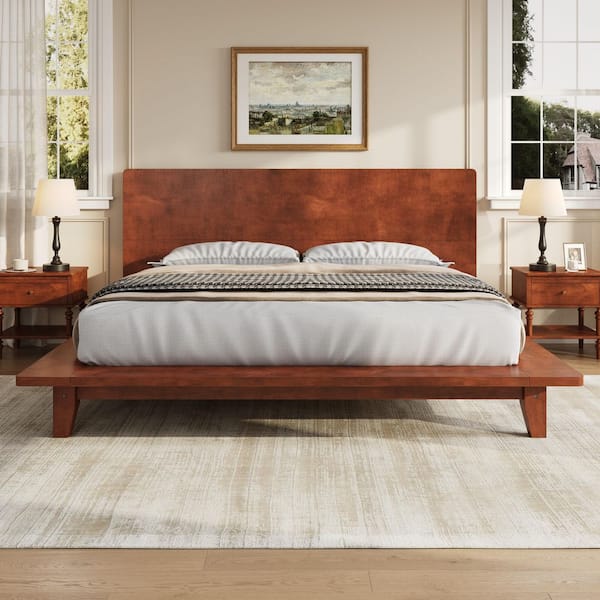 Brown Pine Wood Frame Queen Platform Bed with Headboard and Wood Slat Support