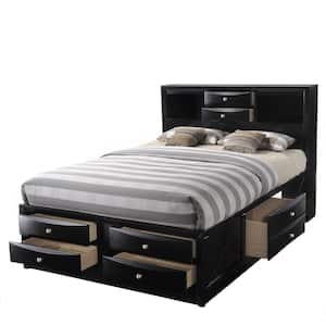 Ireland Black Wood Frame Queen Platform Bed with Bookcase, Drawers, Solid Wood, and Storage