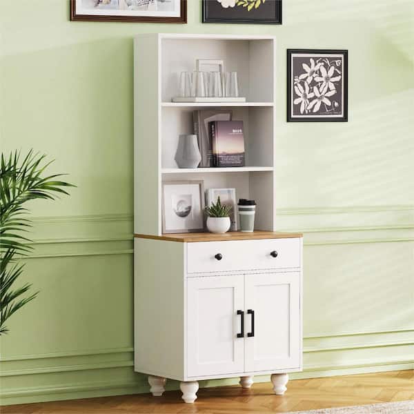Harper & Bright Designs White 62.9 in. Accent Storage Cabinet with Drawer, Adjustable Shelves and 4-Solid Wood Gourd-Shaped Legs