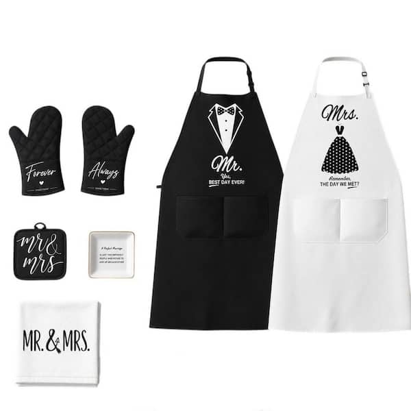 8-Piece Black and White Kitchen Cooking Mr and Mrs Apron Gift Set for Anniversary, Bridal Shower and Wedding Gifts