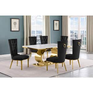 Ibraim 7-Piece Rectangle White Marble Top With Gold Stainless Steel Base Dining Set With 6-Black Velvet Fabric Chair