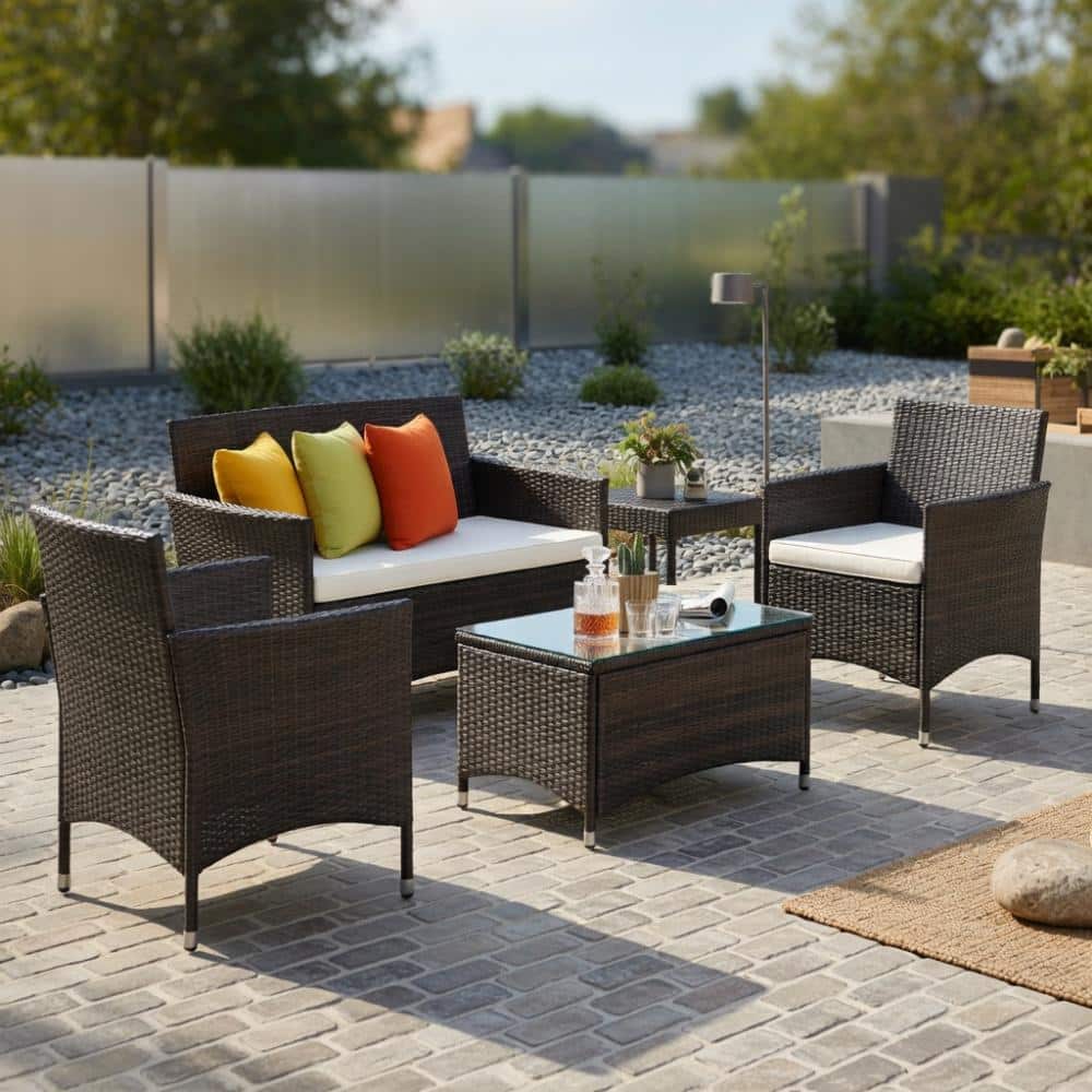 4-Piece Outdoor Rattan Patio Set, Loveseat, Sofas, Tempered Glass Table & Weather-Resistant Wicker price history on PriceWatchPro